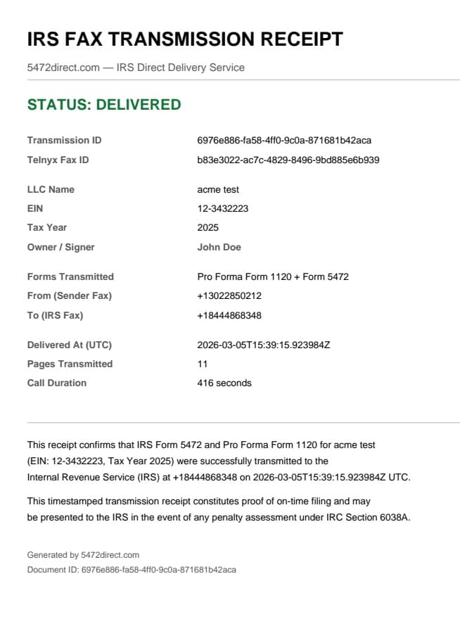 Sample IRS fax transmission receipt showing delivered status for IRS Direct Delivery
